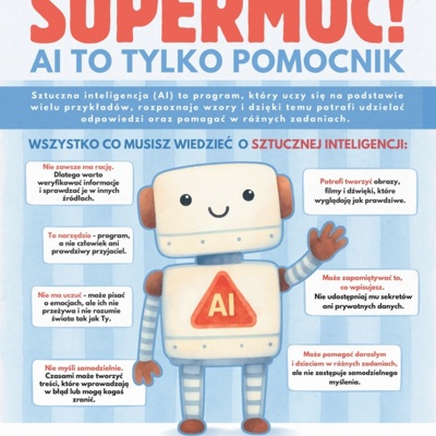 Plakat: Myślenie to Twoja supermoc! AI to tylko pomocnik (dzieci)