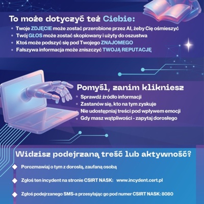 Plakat: Sztuczna Inteligencja, nie daj się jej zmanipulować (młodzież)