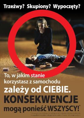 Plakat: Profilaktyka prowadzenia pojazdów w stanie zwiększającym ryzyko wypadków drogowych, z naciskiem na nietrzeźwość kierowcy