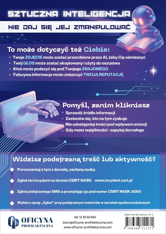 Plakat: Sztuczna Inteligencja, nie daj się jej zmanipulować (młodzież)