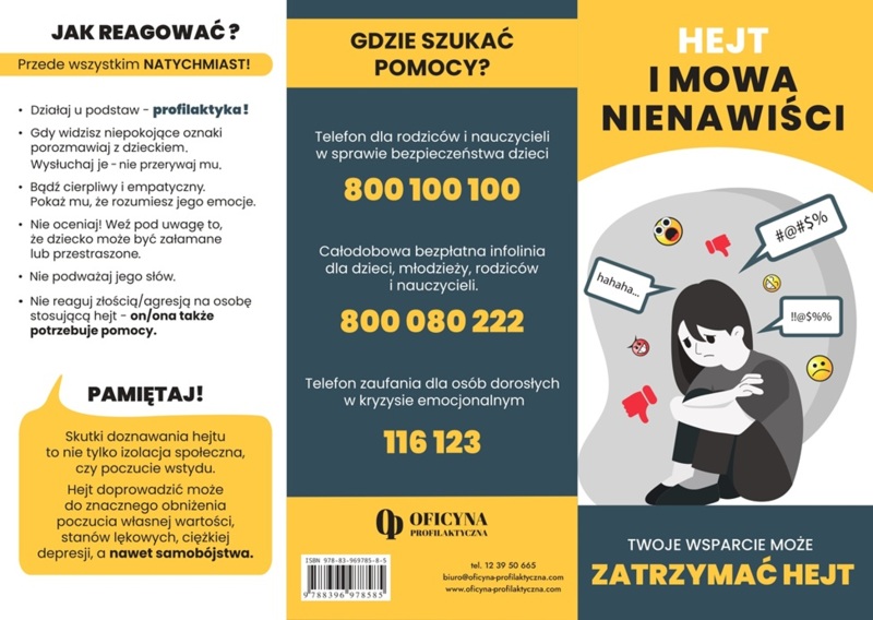 Broszura: Hejt i Mowa Nienawiści - Powiedz Stop! (Nauczyciele Rodzice)